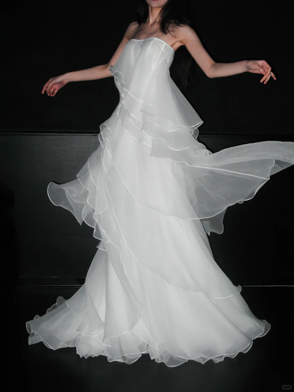 Dreamy A Line Strapless White Layered Organza Wedding Dress SH5865