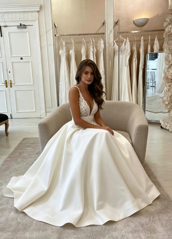 White v neck satin lace long prom dress evening dress A08