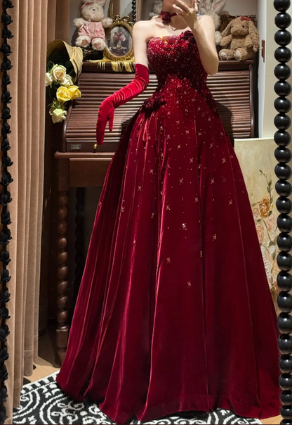 Luxurious Burgundy A Line Strapless Shiny Beaded Velvet Prom Dress SH5651