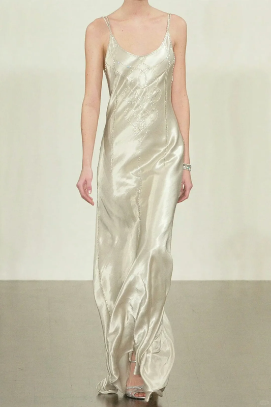 Romantic Simple Sheath Spaghetti Strap Beaded Satin Long Prom Dress SH4975