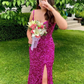 Spaghetti Straps V Neck Mermaid Sequin Slit Prom Dress SH1008