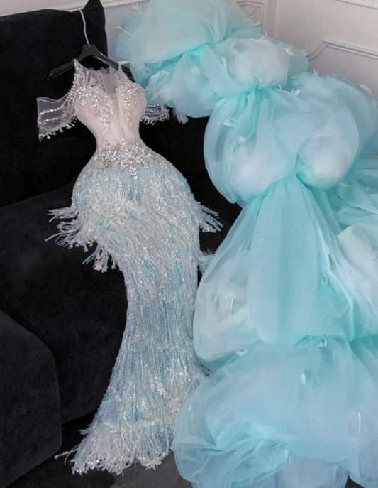 Gorgeous Exquisite Mermaid Beaded Blue Tulle Prom Dress Evening Dress Party Dress SH3618