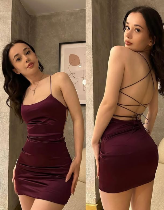 Sexy Burgundy Sheath Spaghetti Strap Satin Short Cocktail Dress Homecoming Dress SH4358