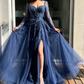 Blue Long Sleeves Slit Prom Dress Long Party Dress Evening Dress SH903