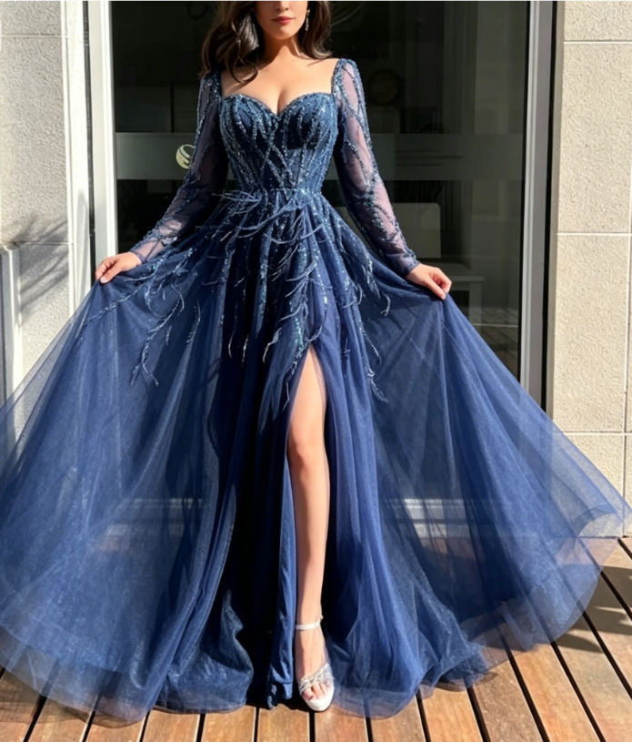 Blue Long Sleeves Slit Prom Dress Long Party Dress Evening Dress SH903