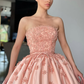 Romantic Pink A Line Strapless Lace Appliques Satin Prom Dress Evening Dress SH6127