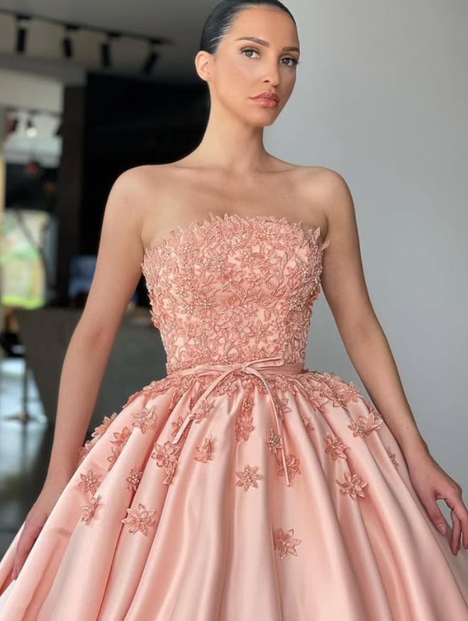 Romantic Pink A Line Strapless Lace Appliques Satin Prom Dress Evening Dress SH6127