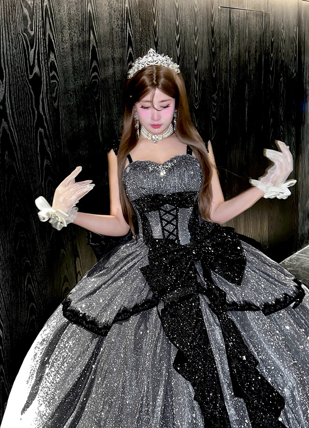 Stunning Black Bow A Line Sequin Lolita Goth Boning Dress Prom Dress SH4912
