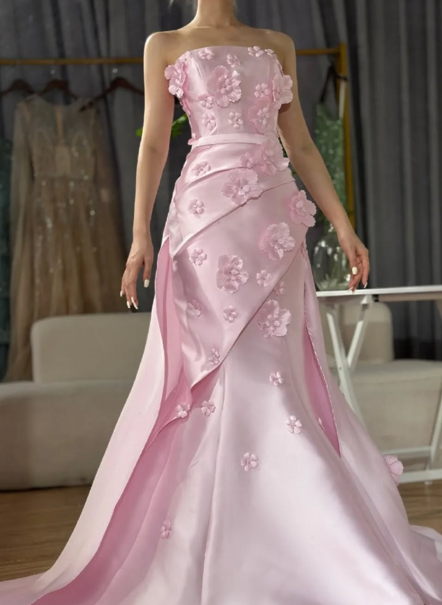 Sweet Pink Mermaid Strapless 3D Floral Satin Prom Dress Evening Dress SH1902