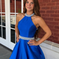 Royal Blue Ball Gown Halter Beaded Satin Long Prom Dress Evening Dress SH6583
