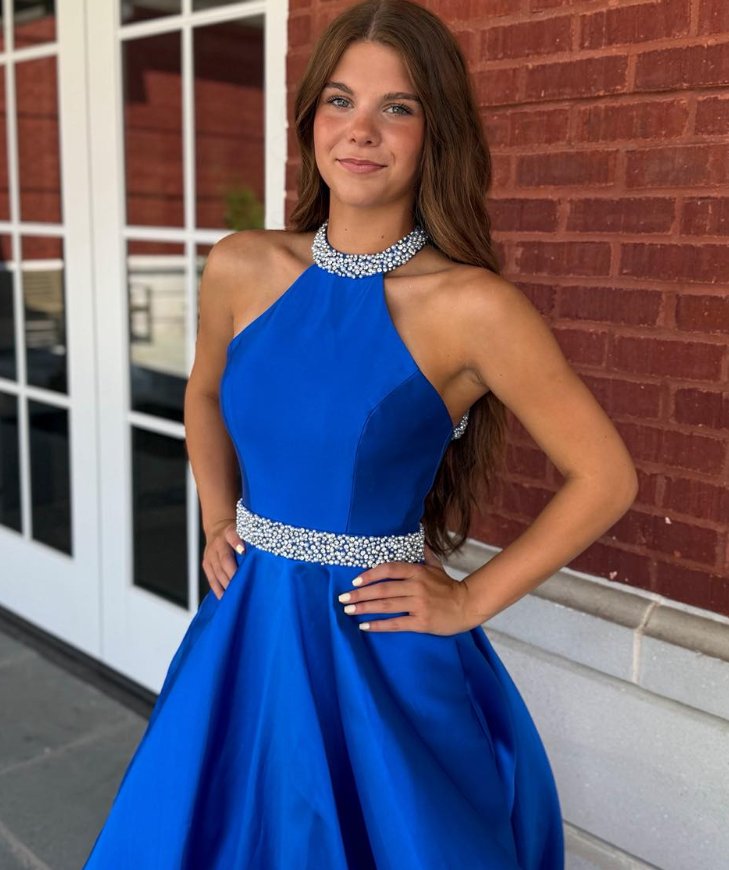 Royal Blue Ball Gown Halter Beaded Satin Long Prom Dress Evening Dress SH6583