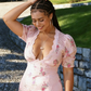 Cute A Line V Neck Print Flower Pink Lace Satin  Prom Dress Evening Dress SH2345