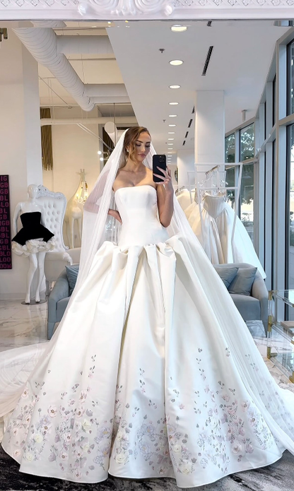 Lilac Flower Embroidery Satin Long Wedding Dress SH6101