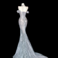 White Elegant Mermaid Off the Shoulder Beaded Lace Long Prom Dress Party Dress SH3494
