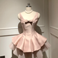 Cute A Line Strap Bow Light Pink Tulle Satin Short Homecoming Dress Cocktail Dress SH3088