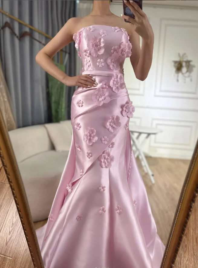 Sweet Pink Mermaid Strapless 3D Floral Satin Prom Dress Evening Dress SH1902