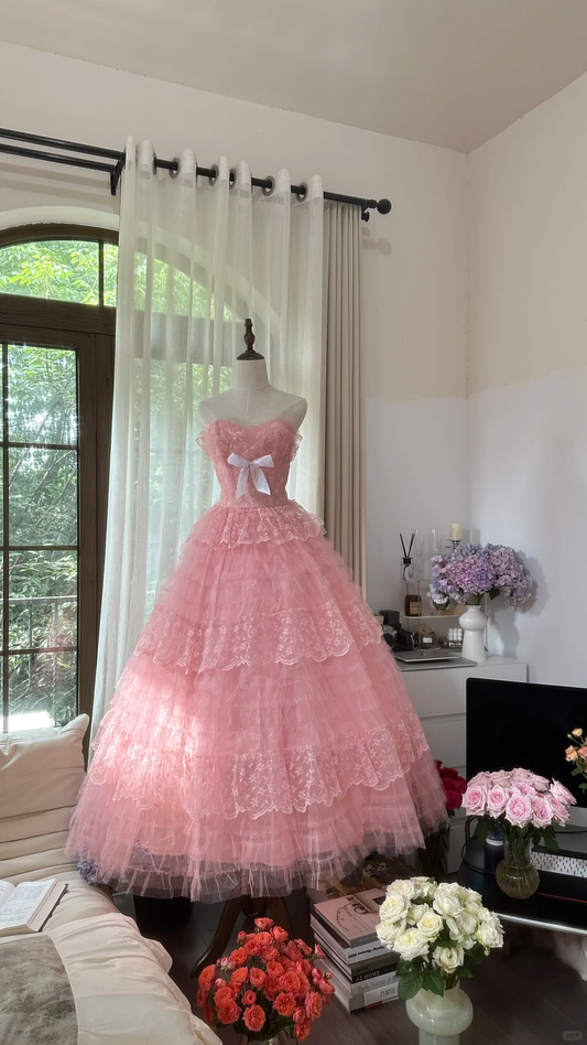 Cute A Line Sweetheart Neck Pink Layered Lace Tulle Long Party Dress Birthday Dress SH2941