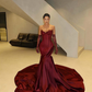 Sexy Burgundy Mermaid Strapless Lace Tulle Satin Prom Dress Wedding Guest Dress SH4700