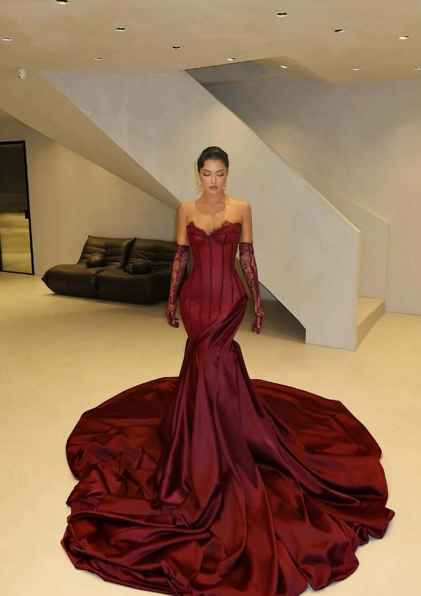 Sexy Burgundy Mermaid Strapless Lace Tulle Satin Prom Dress Wedding Guest Dress SH4700