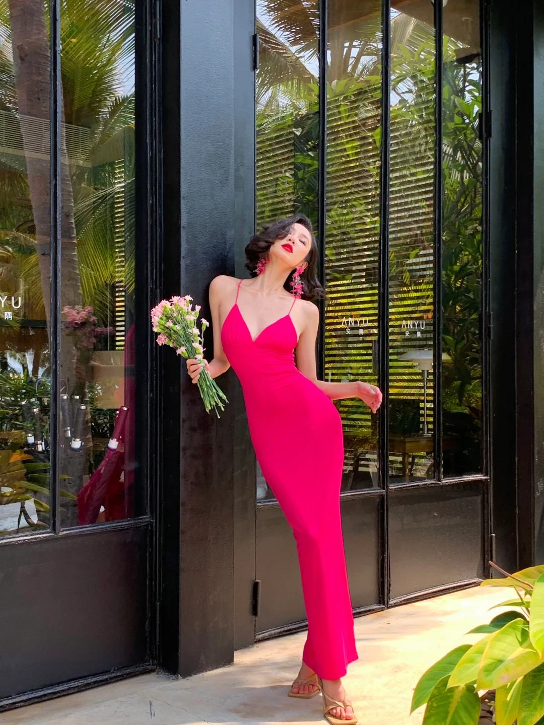 Hot Pink Butterfly Sheath Spaghetti Strap Satin Open Back Long Prom Dress Vacation Dress SH4315