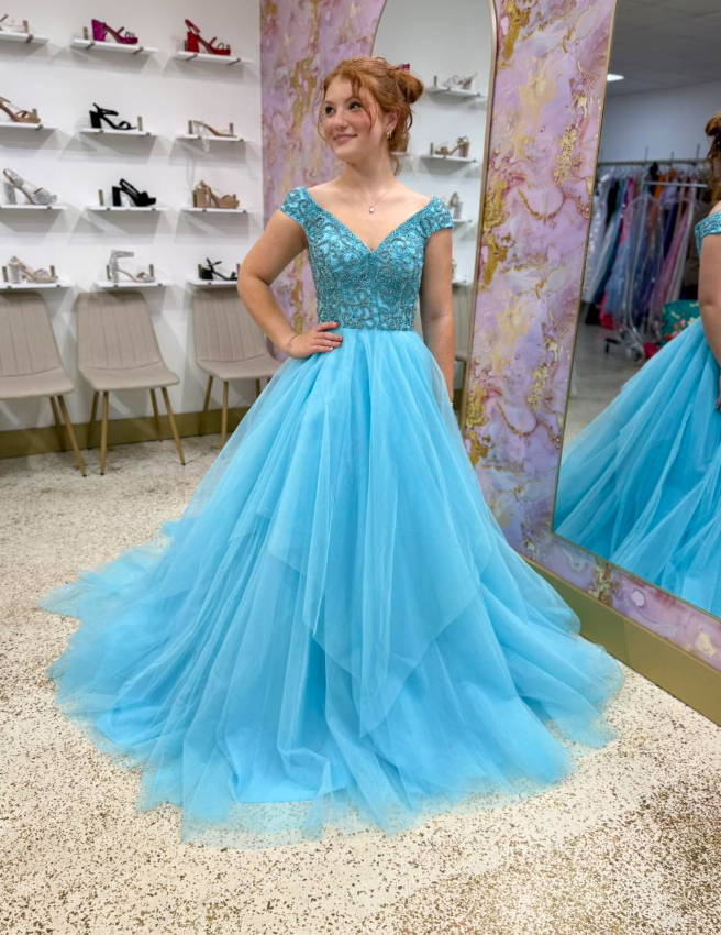 Romantic Blue A Line Off the Shoulder Beaded Tulle Long Prom Dress Evening Dress SH6814