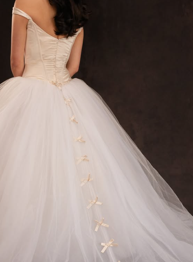 Pretty A Line Off the Shoulder Corset Tulle Satin Long Wedding Dress SH6094