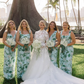 Green Print Floral Sheath V Neck Satin Long Bridesmaid Dress SH6306