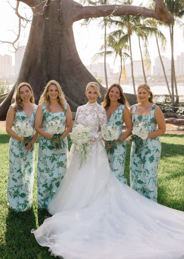 Green Print Floral Sheath V Neck Satin Long Bridesmaid Dress SH6306
