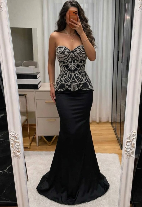 Black Mermaid Sweetheart Neck Beaded Satin Long Prom Dress Evening Dress SH8952