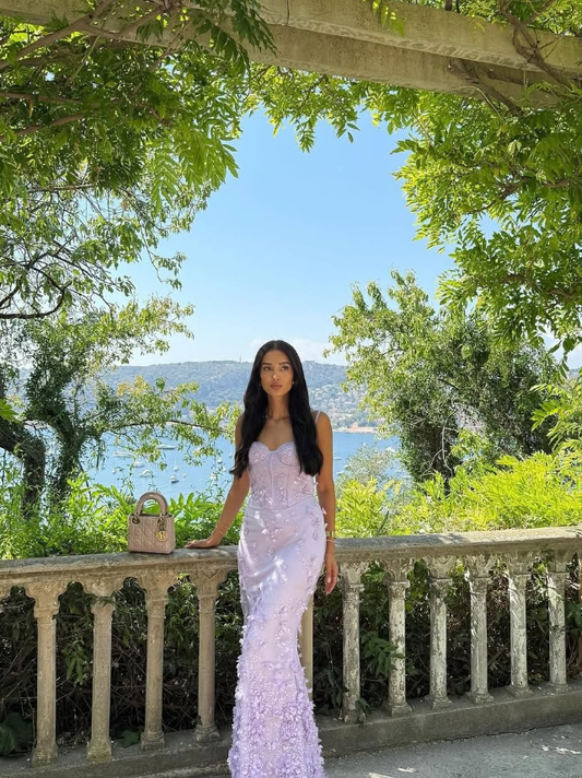 Romantic Purple Mermaid Straps Floral Beaded Satin Prom Dress SH5565