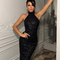 Sexy Black Sheath Halter Neck Shiny Sequin Long Prom Dress Evening Dress SH6057