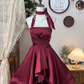 Charming A Line Halter Lace Burgundy Satin Short Homecoming Dress Cocktail Dress SH3004