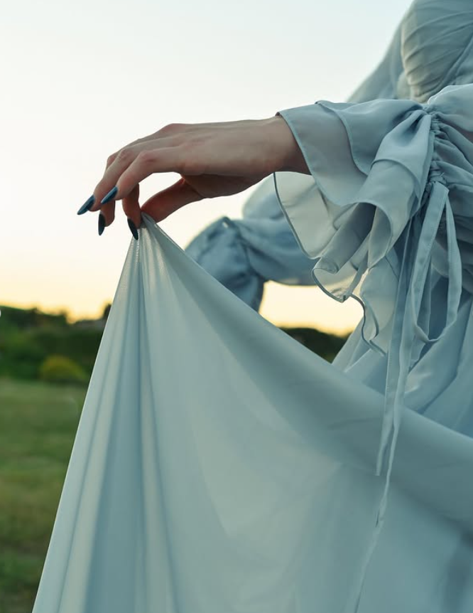 Ethereal Lake Blue A Line Long Sleeve Chiffon Prom Dress Evening Dress SH6694