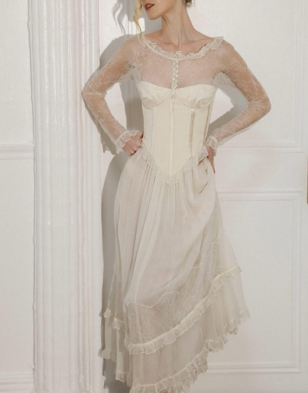 Gentle A Line Long Sleeve Ivory Lace Chiffon Prom Dress Graduation Prom Dress SH2642