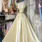 Light Champagne Vintage A Line V Neck Beaded Satin Long Prom Dress SH5238