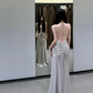Open Back Silver A Line Spaghetti Straps Simple Satin Long Prom Dress Party Dress SH5020