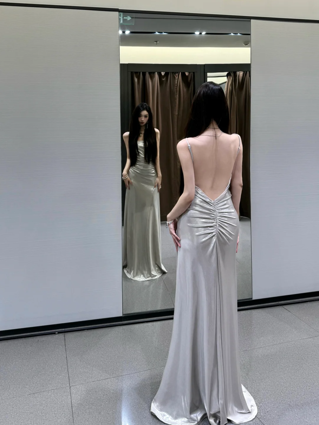 Open Back Silver A Line Spaghetti Straps Simple Satin Long Prom Dress Party Dress SH5020