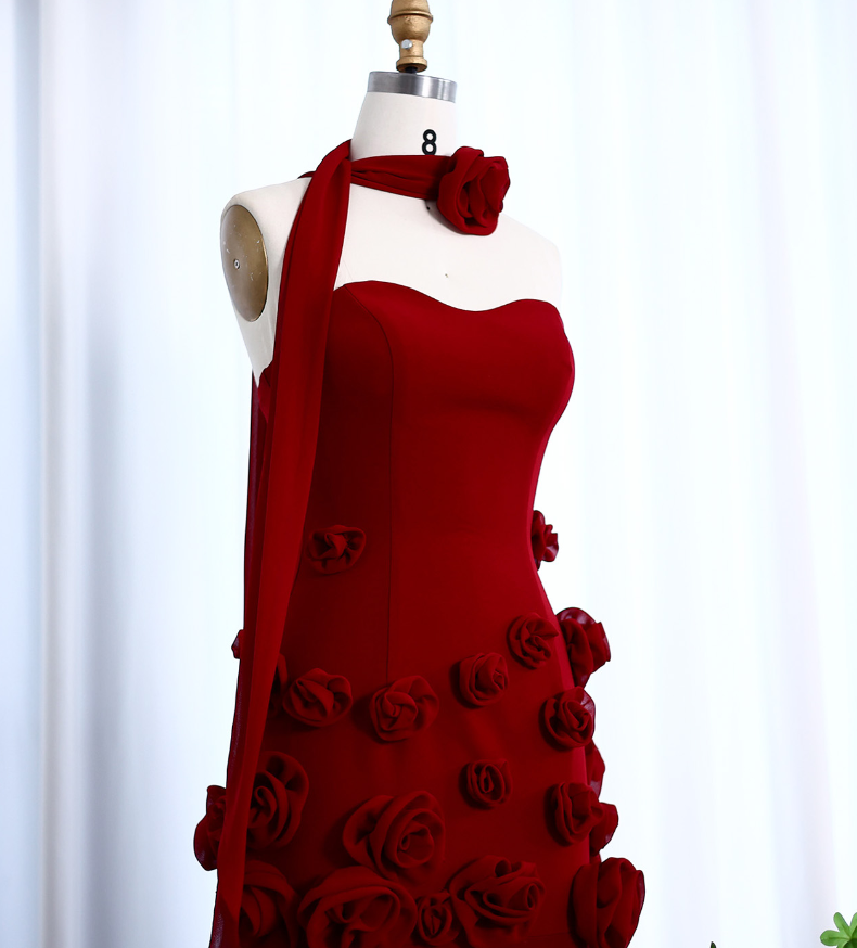 Stunning A Line Sweetheart Neck 3D Flower Burgundy Prom Dress Evening Dress SH2369