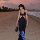 Black A Line Spaghetti Strap Print Floral Satin Open Back Prom Dress Evening Dress SH2010