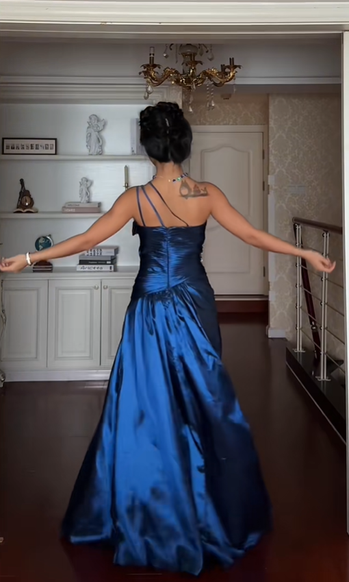 Vintage Royal Blue A Line Spaghetti Straps Bow Beaded Satin Prom Dress Graduation Prom Dress SH5189