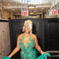Gorgeous Mermaid V Neck Green Beaded Satin Long Sweep Prom Dress Evening Dress SH2175
