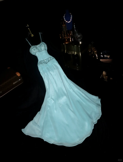 Gentle Mermaid Spaghetti Strap Beaded Blue Chiffon Satin Prom Dress Party Dress SH3075