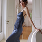 Simple Navy Blue Mermaid Spaghetti Strap Satin Open Back Long Evening Dress Gown Dress SH3583