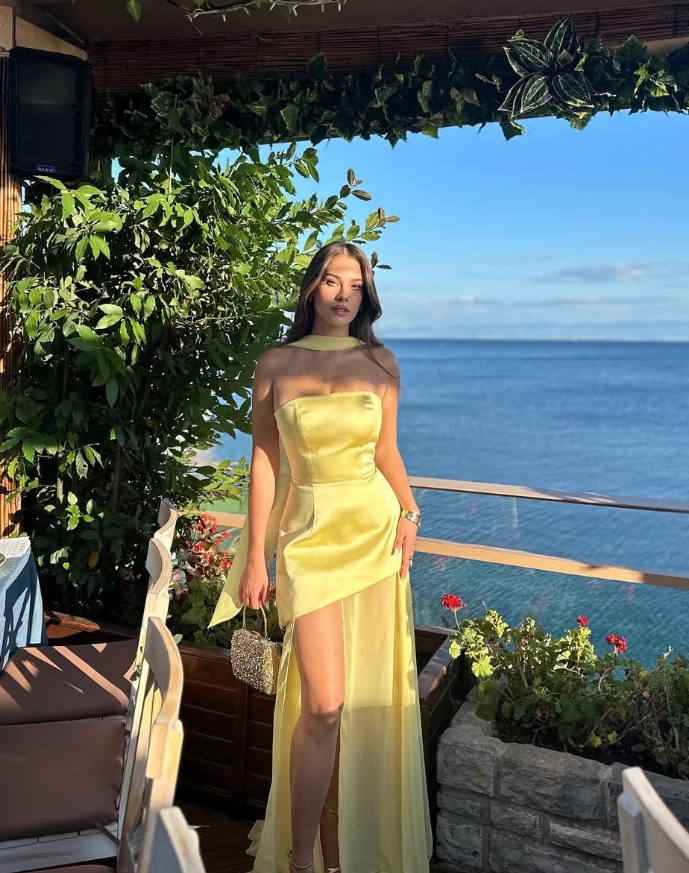 Yellow A Line Strapless Chiffon Satin Prom Dress Wedding Guest Dress with Slit SH4743