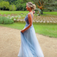 Pretty Blue A Line V Neck Beaded Tulle Long Prom Dress Evening Dress SH6542