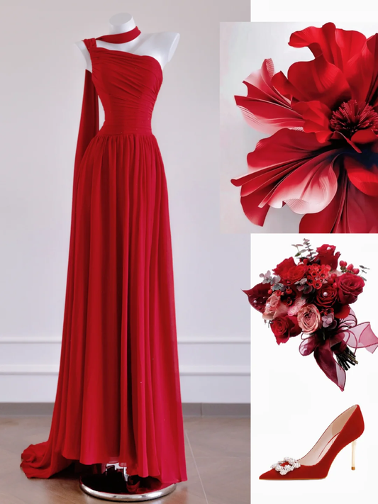 Flowy Red A Line One Shoulder Chiffon Long Prom Dress Party Dress SH4364