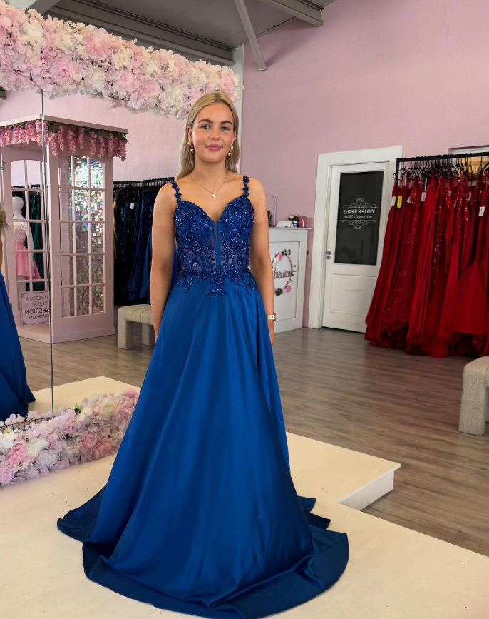 Royal Blue A Line Spaghetti Straps Sequin Applique Satin Prom Dress Evening Dress SH6657