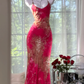 Hot Pink Vintage Mermaid Spaghetti Straps Print Floral Chiffon Prom Dress SH5199