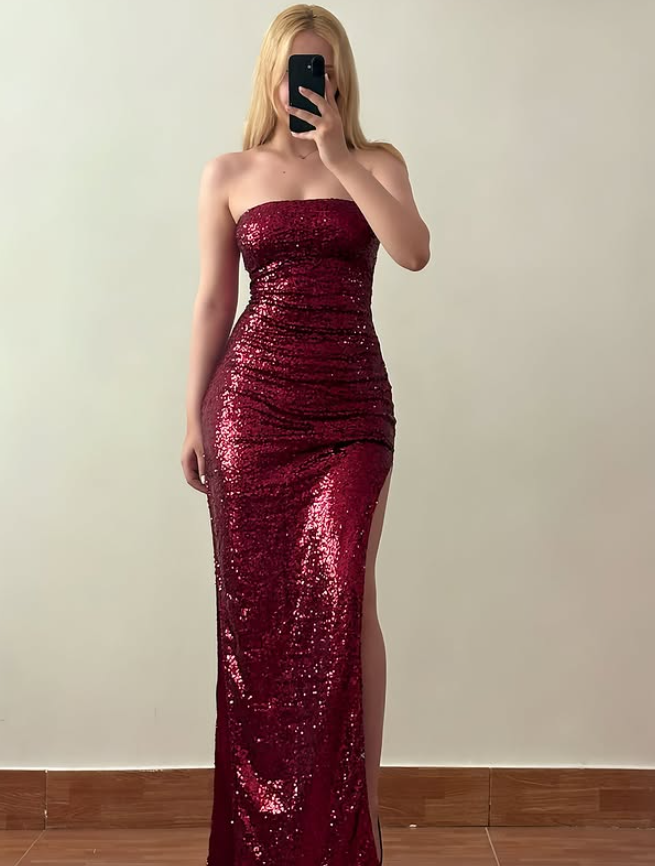 Sexy Red Sheath Srapless Sequin Long Prom Dress Evening Dress with Slit SH6828