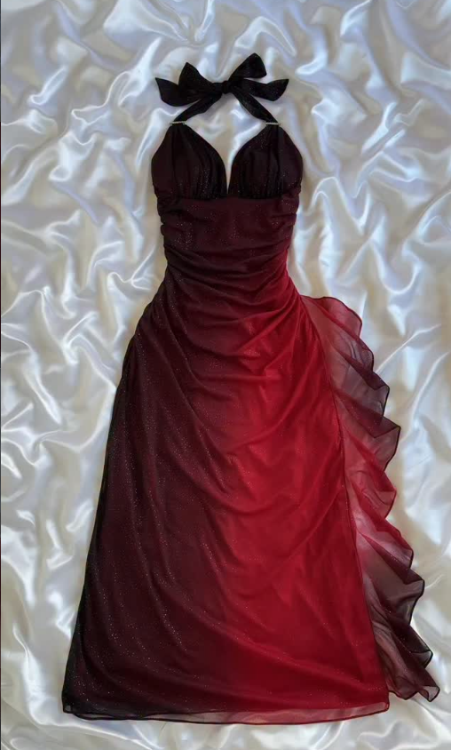 Elegant Halter Straps Ombre Burgundy Long Chiffon Prom Dress  SH1148